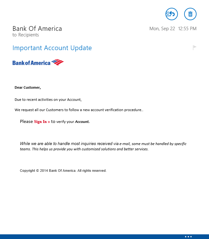 A copy of an email received by many people in September of 2014 that demonstrates what can happen when links are clicked in an email
